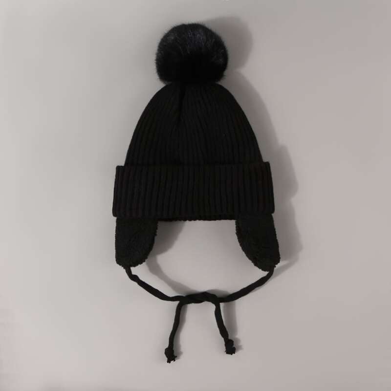 

Pom Pom Tie Neck Knit Beanie, Black