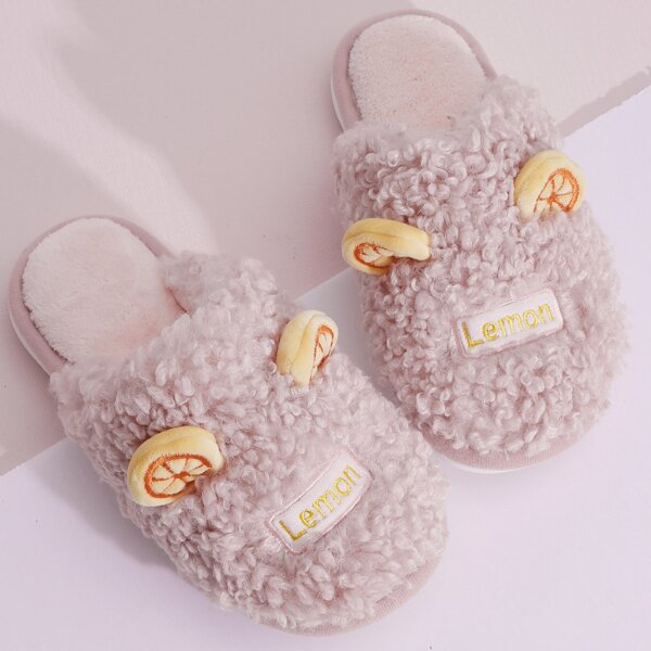 

Fruit Letter Embroidered Faux Fur Slippers, Dusty pink