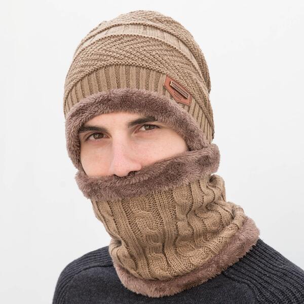 

Men Letter Patch Beanie & Ring Scarf, Khaki