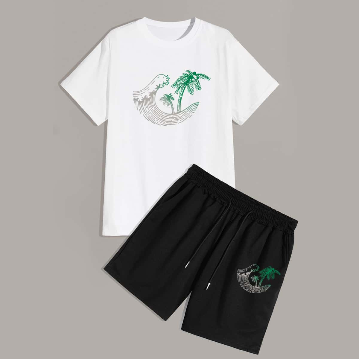 

Guys Tropical Graphic Tee & Drawstring Shorts, Black and white