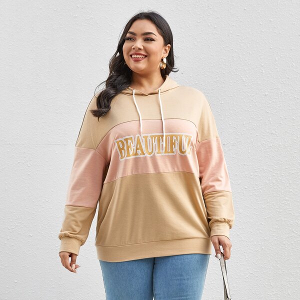 

Plus Letter Graphic Colorblock Drawstring Hoodie, Khaki