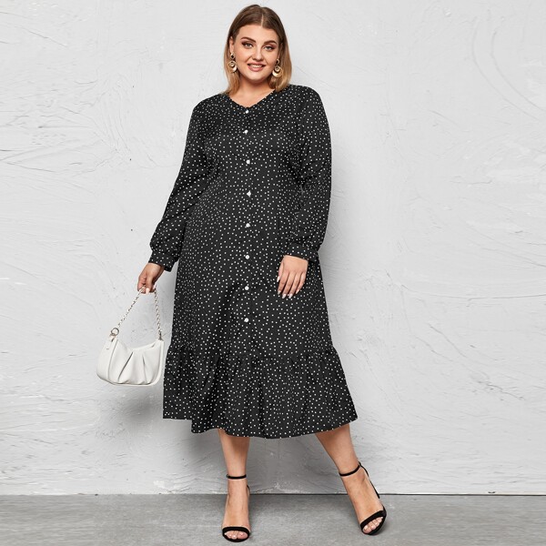 

Plus Polka Dot Button Through Dress, Black