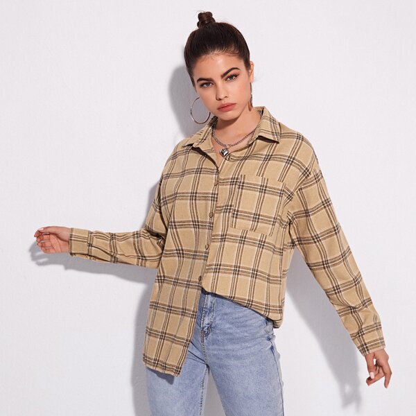 

Drop Shoulder Plaid Button Up Blouse, Apricot