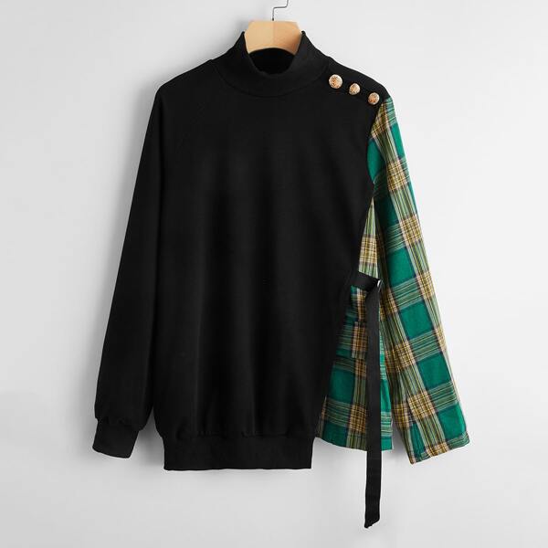 

Mock Neck Contrast Plaid Raglan Sleeve Sweatshirt, Black