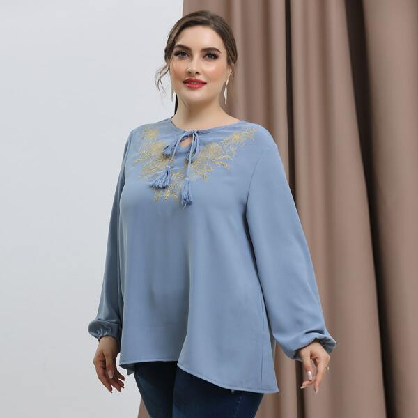 

Plus Floral Embroidered Fringe Knot Blouse, Dusty blue