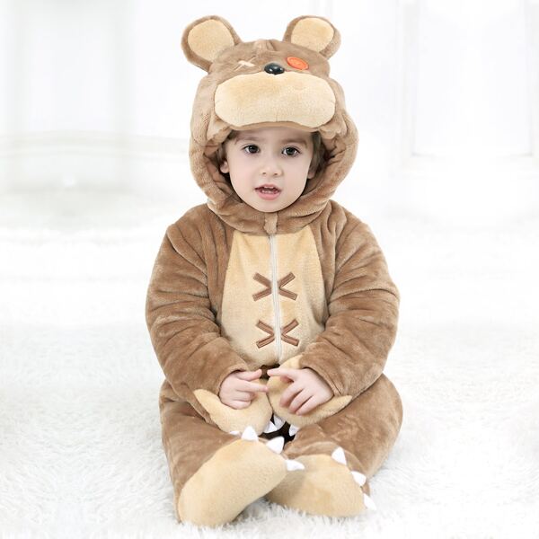 

Baby Boy 3D Ears Design Cartoon Graphic Hooded Flannel Onesie, Brown