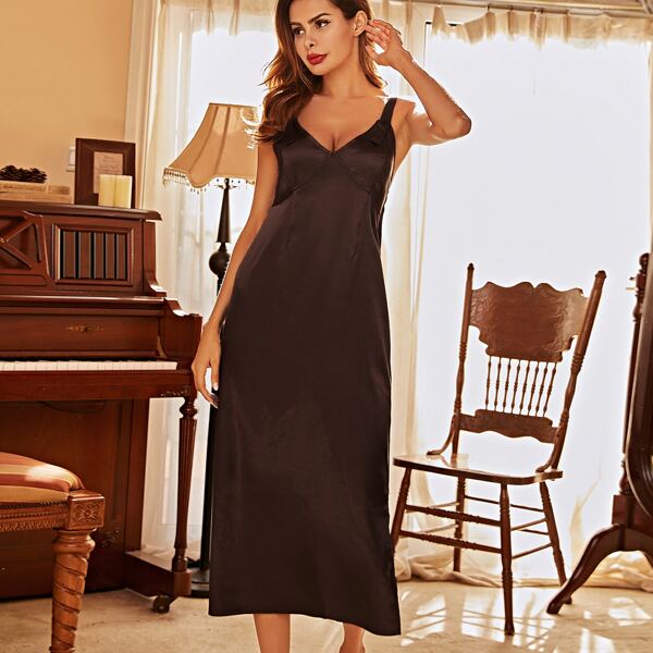 

Satin Split Hem Cami Night Dress, Chocolate brown