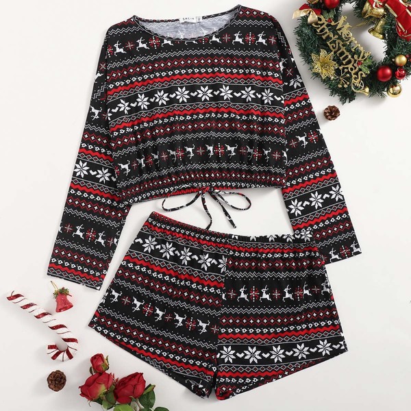 

Plus Christmas Print Drawstring Pajama Set, Multicolor