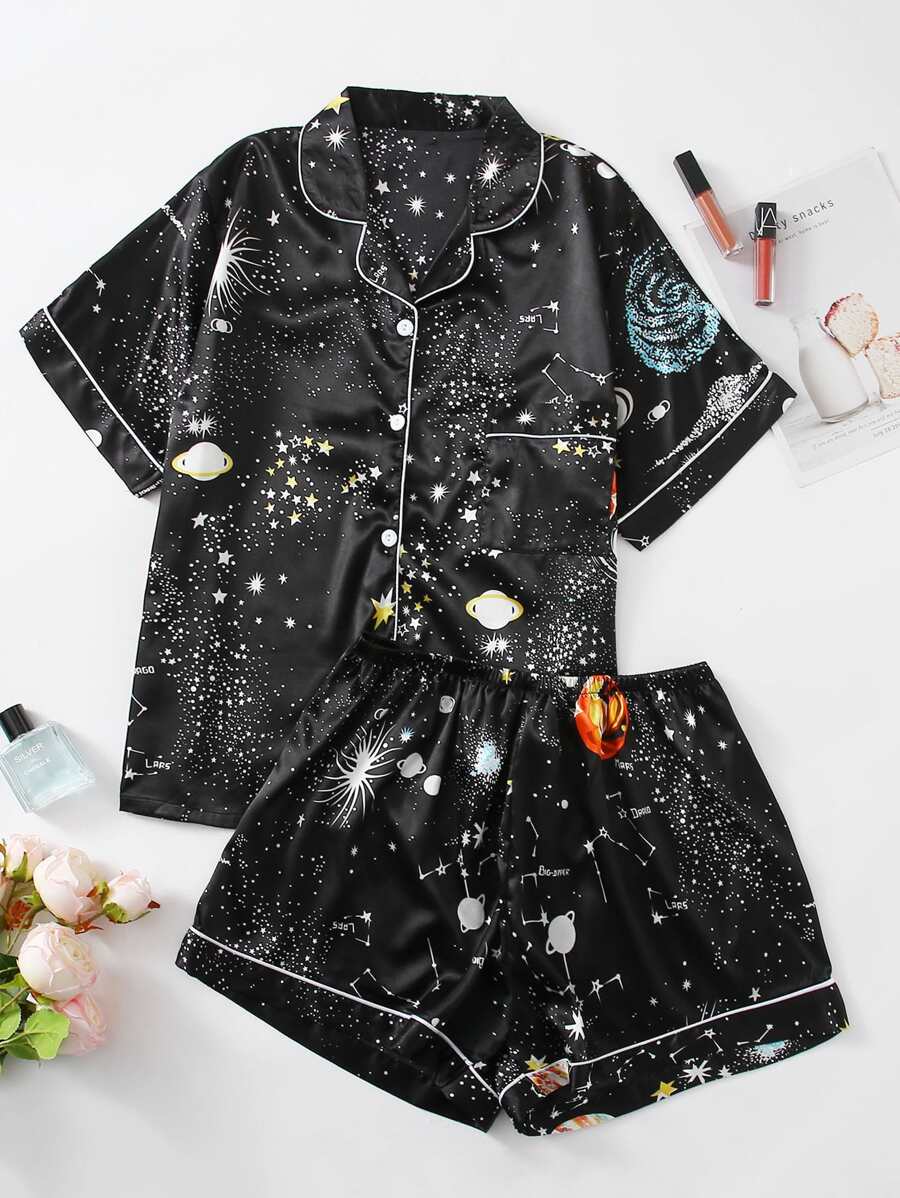 Plus Satin Galaxy Print Contrast Piping Pyjama Set - Black - View 1