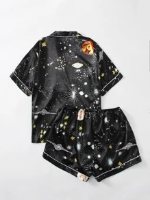 Plus Satin Galaxy Print Contrast Piping Pyjama Set - Black - View 2