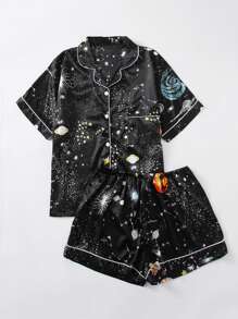 Plus Satin Galaxy Print Contrast Piping Pyjama Set - Black - View 3