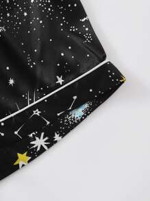 Plus Satin Galaxy Print Contrast Piping Pyjama Set - Black - View 4