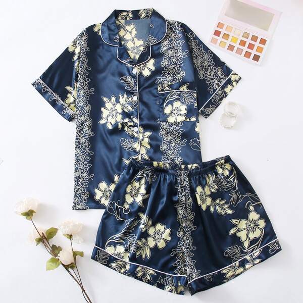 

Plus Satin Floral Contrast Piping Pajama Set, Navy blue
