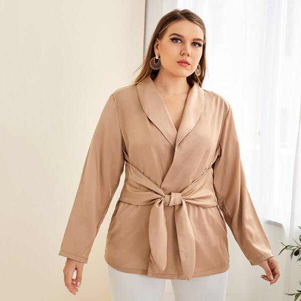 

Plus Shawl Collar Tie Front Blazer, Apricot