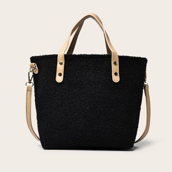 

Two Tone Faux Fur Tote Bag, Black