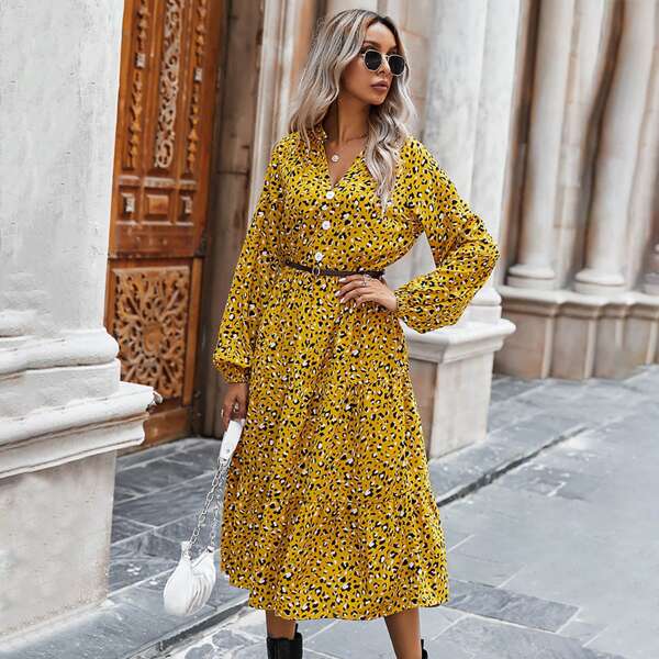

Button Front Allover Print Dress Without Belt, Multicolor