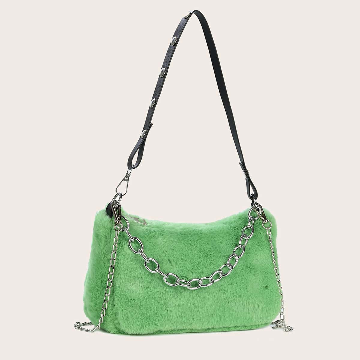 

Chain Fluffy Shoulder Bag, Green