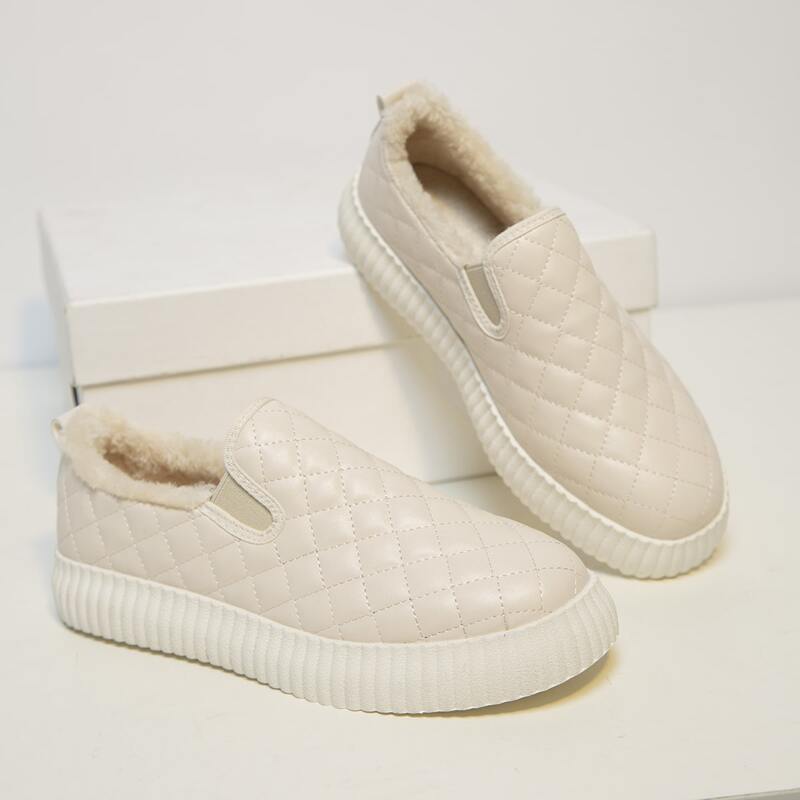 Faux Fur Lined Slip On Quilted Sneakers, Beige