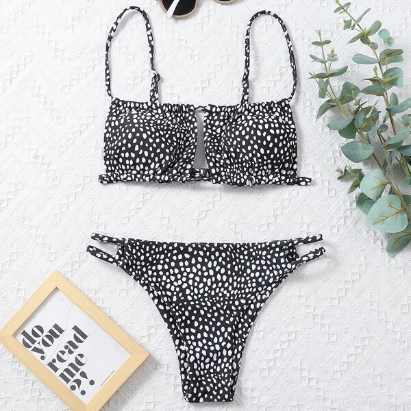 

Dalmatian Print Cut Out Bikini Swimsuit, Black and white