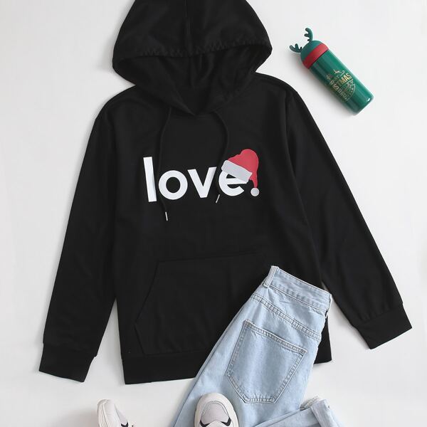

Plus Christmas Print Drawstring Kangaroo Pocket Hoodie, Black