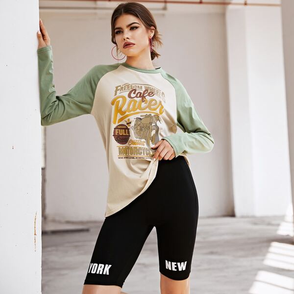 

Motorcycle & Letter Graphic Raglan Sleeve Tee, Khaki