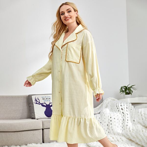 

Plus Button Up Ruffle Hem Night Dress, Yellow