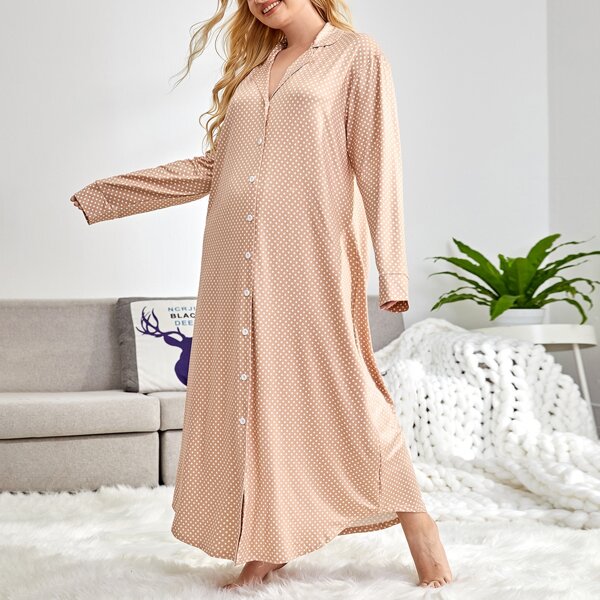 

Plus Polka Dot Button Up Night Dress, Apricot