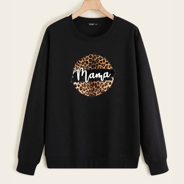 

Plus Leopard And Letter Graphic Thermal Lined Sweatshirt, Black