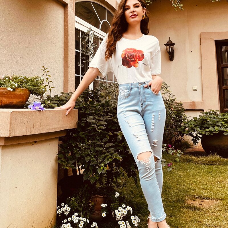 

Rose Floral & Slogan Graphic Tee, Beige