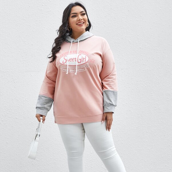 

Plus Slogan Graphic Color-block Sleeve Drawstring Hoodie, Dusty pink