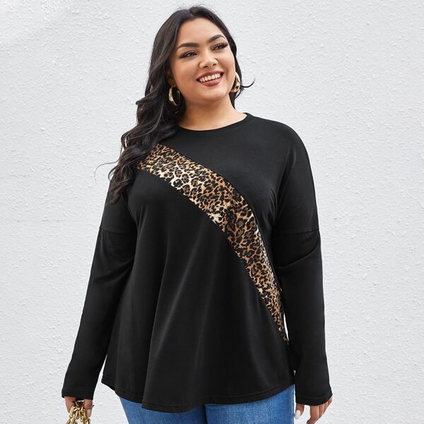 

Plus Contrast Leopard Print Drop Shoulder Tee, Black