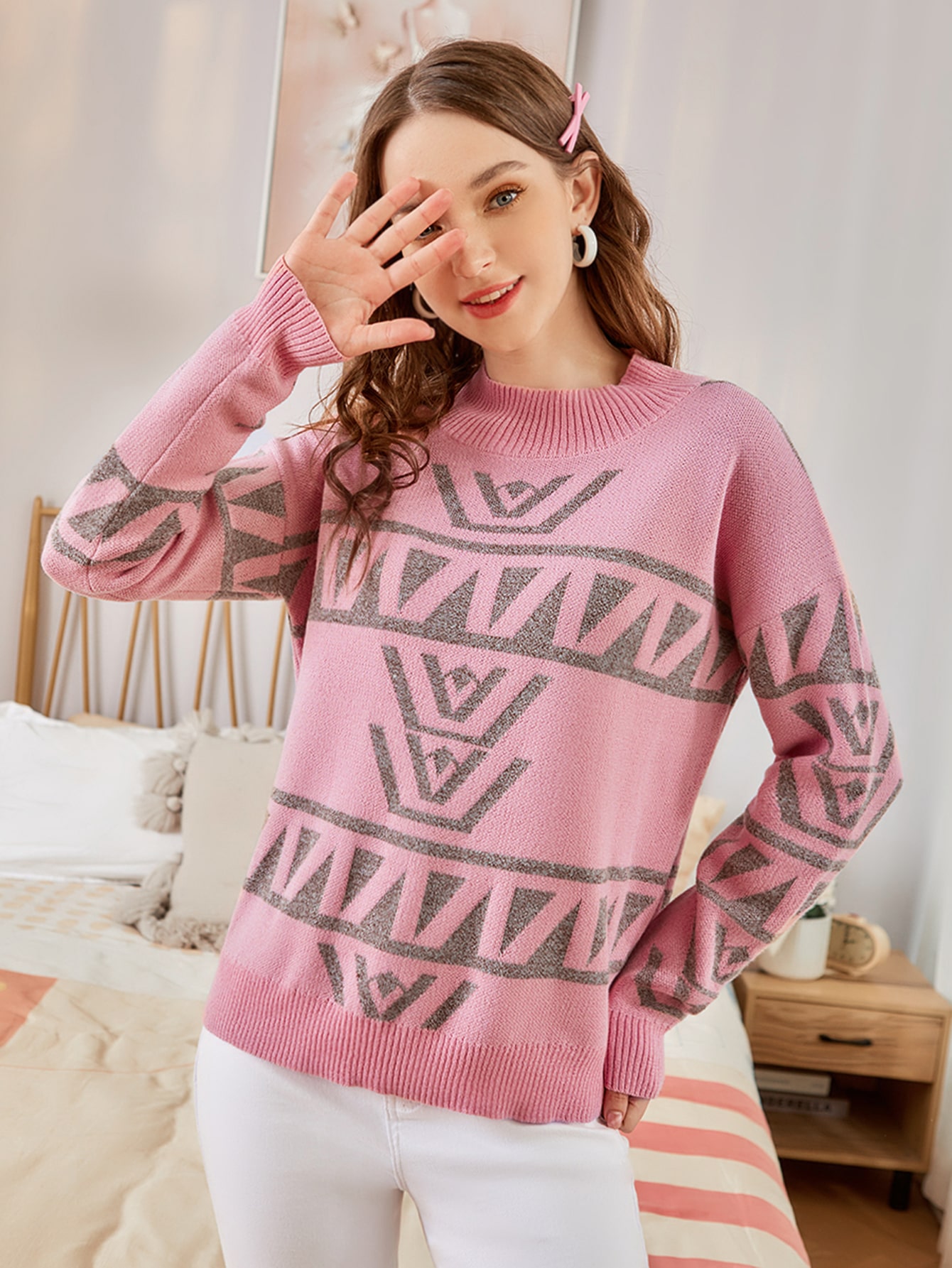 Geo Pattern Drop Shoulder Sweater thumbnail