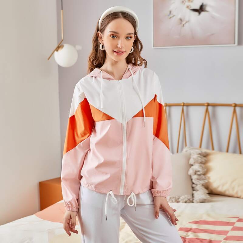 

Cut And Sew Drawstring Windbreaker Jacket, Multicolor