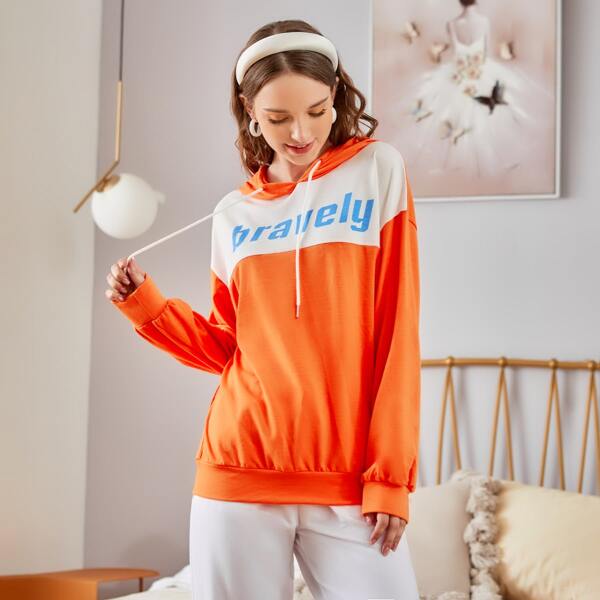 

Contrast Panel Letter Graphic Drawstring Hoodie, Orange