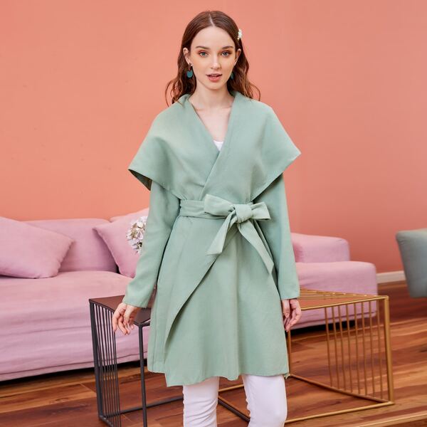 

Waterfall Collar Belted Wrap Coat, Mint green
