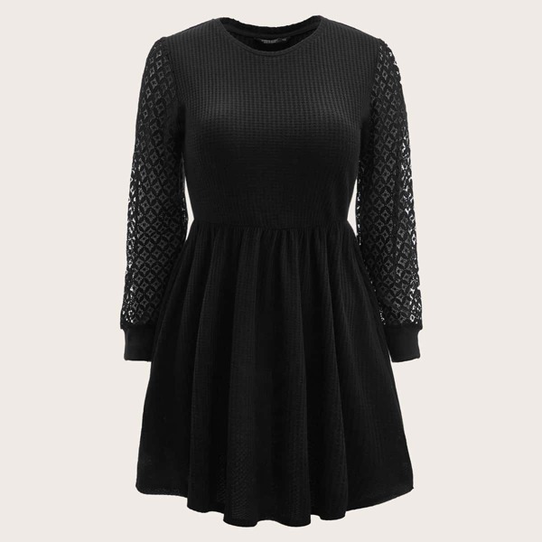 

Plus Lace Sleeve Panel Waffle Knit Dress, Black
