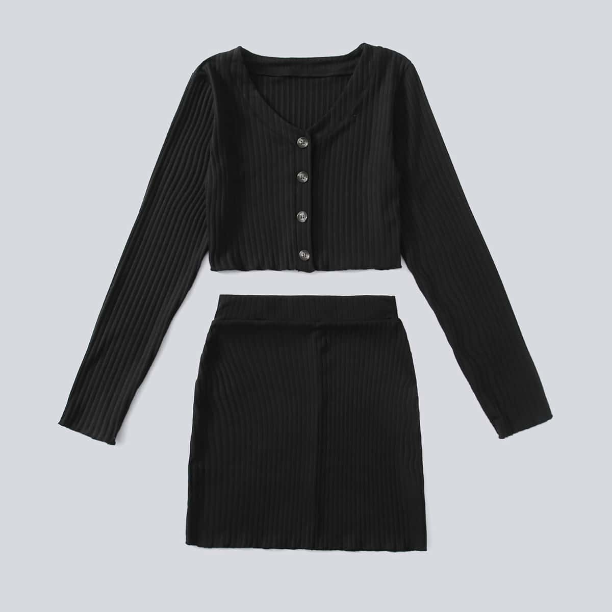 

Solid Button Front Ribbed Tee & Skirt, Black
