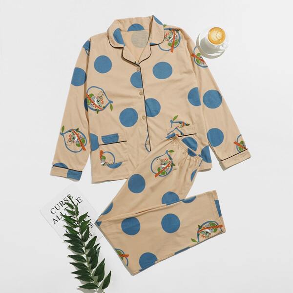 

Plus Polka Dot Cartoon Graphic Pajama Set, Multicolor