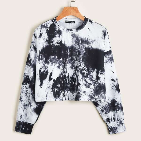 

Drop Shoulder Tie Dye Crop Sweatshirt, Black and white