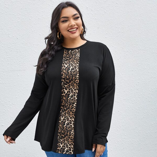 

Plus Contrast Leopard Print Drop Shoulder Tee, Black