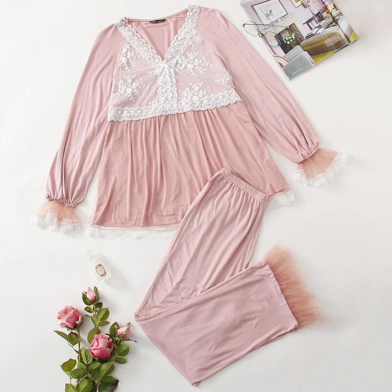 

Bow Front Embroidered Mesh Ruffle Trim Top & Pants PJ Set, Dusty pink