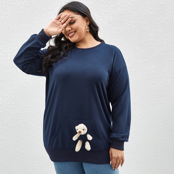 

Plus Kangaroo Pocket Bear Decoration Sweatshirt, Navy blue