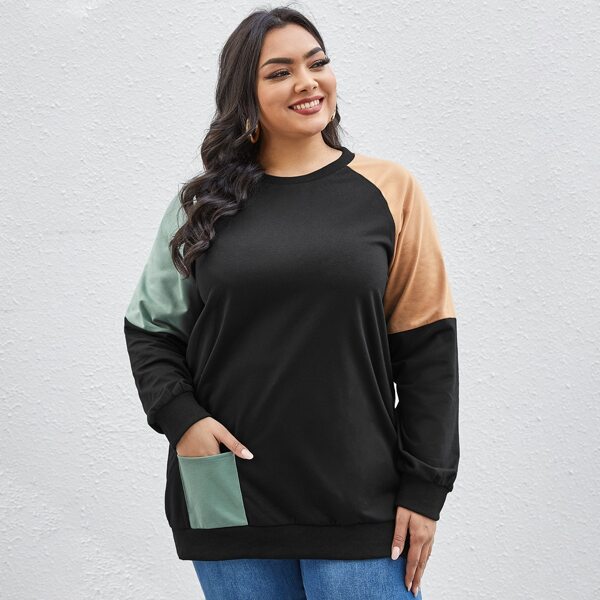 

Plus Color-block Raglan Sleeve Pocket Detail Sweatshirt, Black