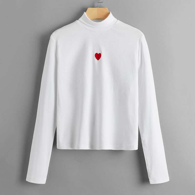 

Heart Embroidery High Neck Crop Tee, White