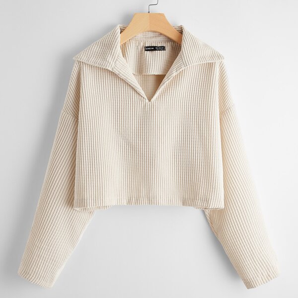 

Drop Shoulder Waffle Knit Oversized Crop Tee, Beige