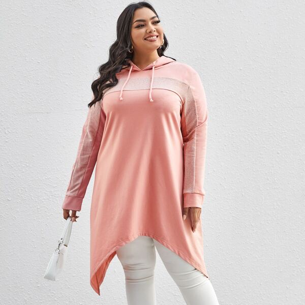 

Plus Asymmetrical Hem Drawstring Hoodie, Coral pink