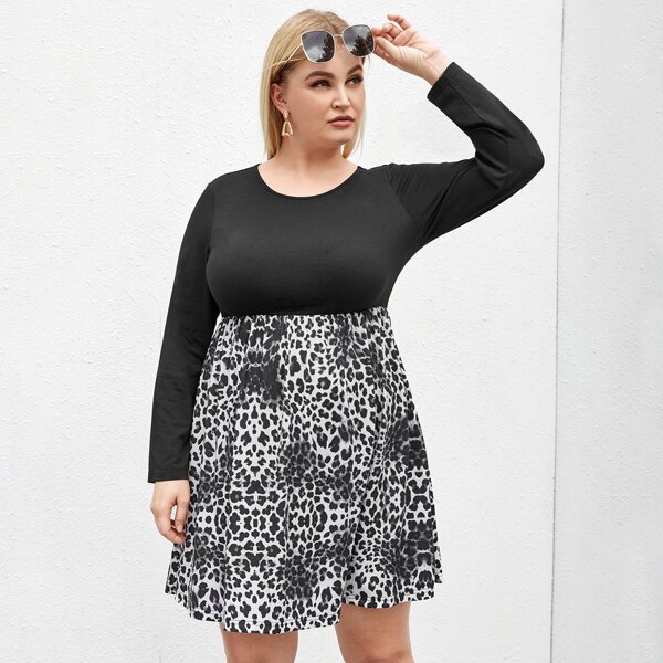 

Plus Leopard Print Dress, Black and white