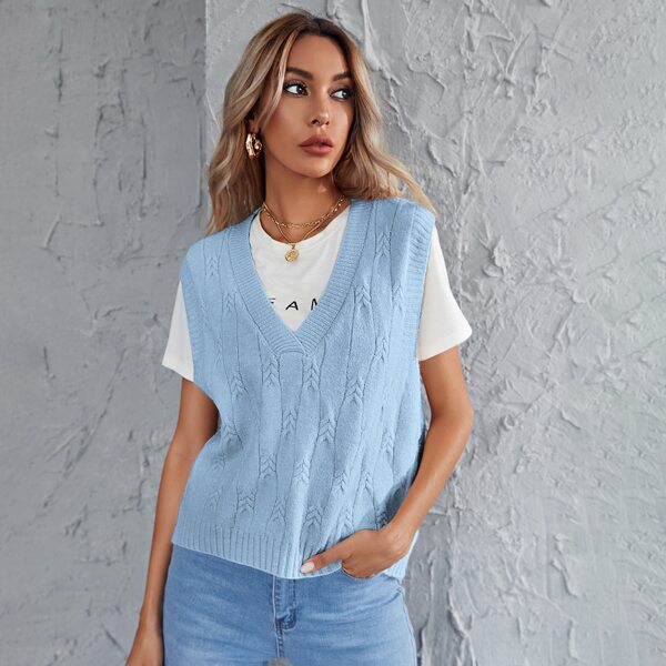 

Cable Knit V-neck Sweater Vest, Baby blue