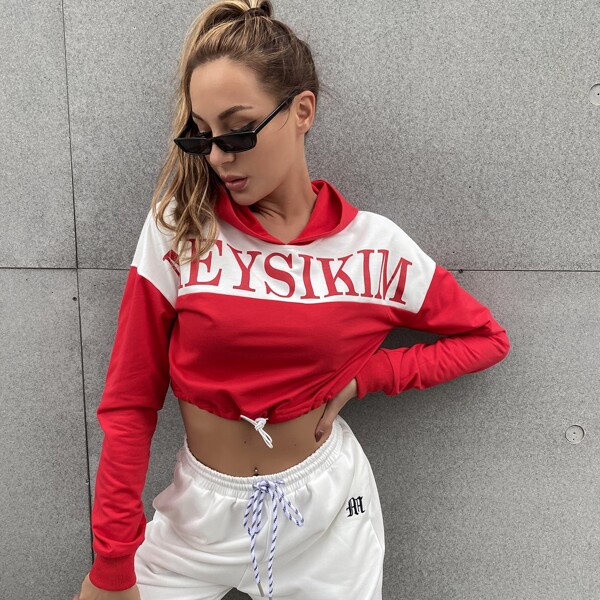 

Drawstring Hem Letter Graphic Colorblock Hoodie, Red and white