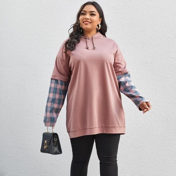 

Plus Contrast Plaid Sleeve 2 In 1 Drawstring Hoodie, Dusty pink